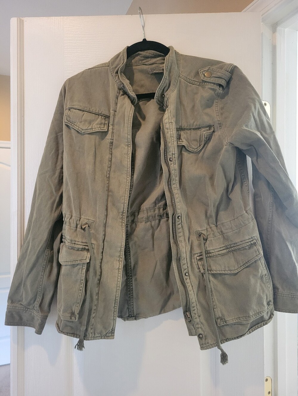 Lucky Brand Womens Military Style Jacket S Green Full Zip Drawstring Waist Twill